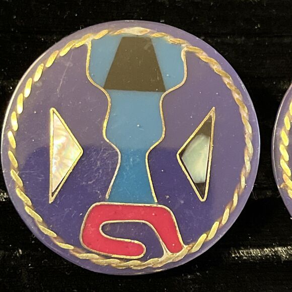 Unique Vintage Resin Acrylic Abalone MOP Inlay Southwestern Clip On Earrings - Picture 2 of 5